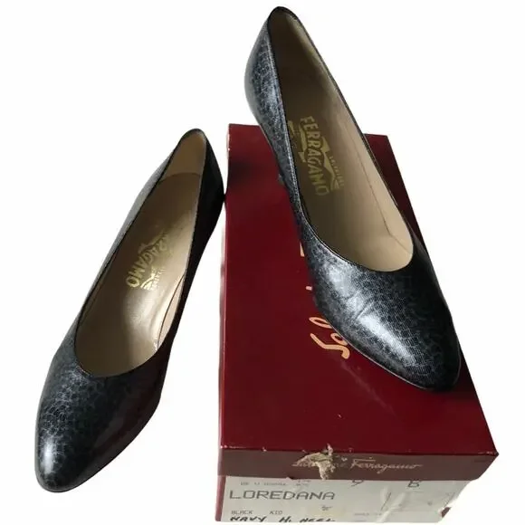 Salvatore Ferragamo Loredana Pump Black Gray 9 VTG